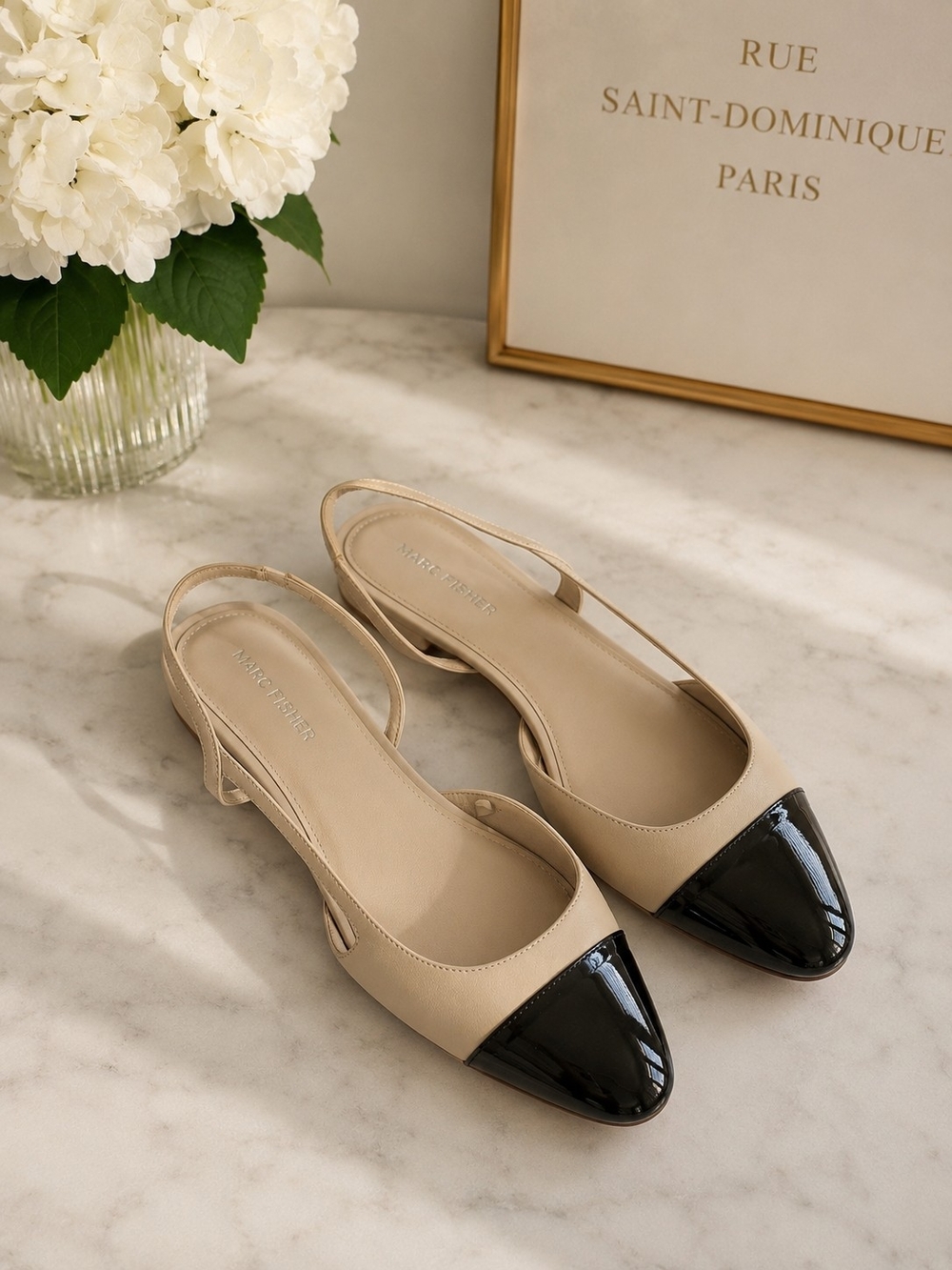 Marc Fisher Beige & Black Cap Toe Slingback Flats - Picture 1 of 6